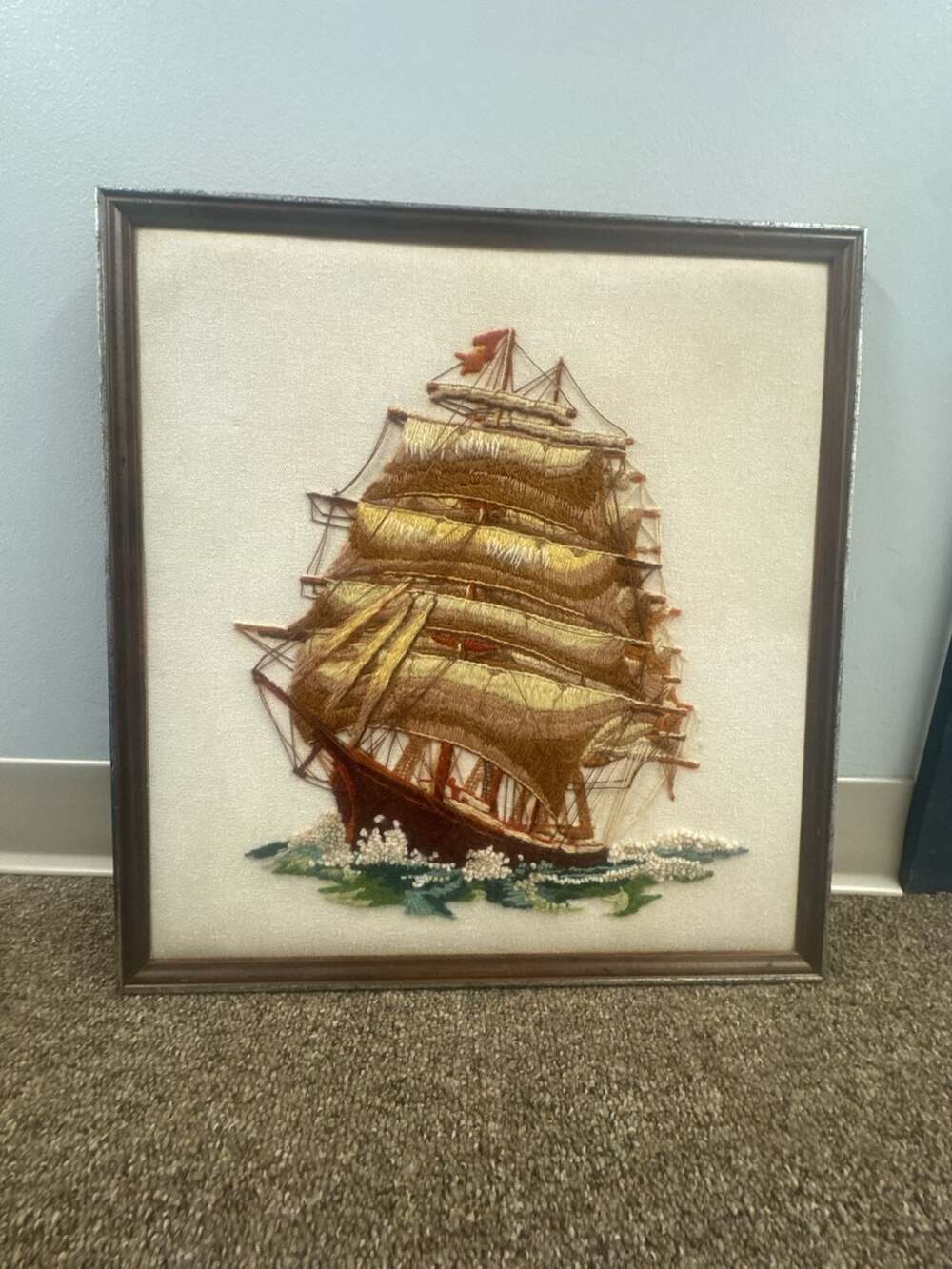 Vintage "Before the Wind" Sunset Stitchery Crewel Embroidery Sailing Ship  Art